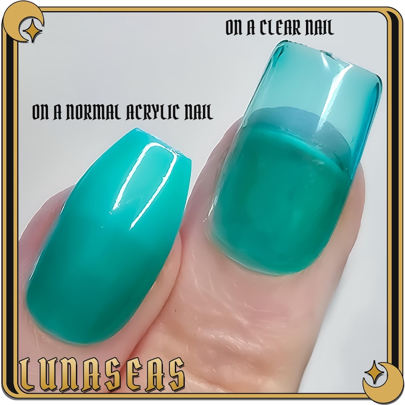 May include: Two fingernails painted with a bright teal green nail polish. The nail polish is shown on a clear nail and a normal acrylic nail. The text "ON A CLEAR NAIL" and "ON A NORMAL ACRYLIC NAIL" is shown above the nails. The text "LUNASEAS" is shown below the nails.