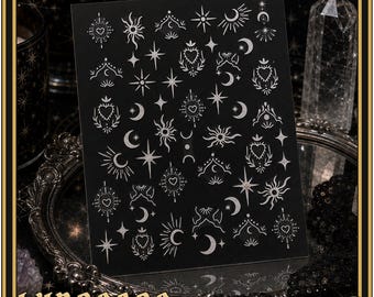 Royal Moon Silver Nail Decals – Metallic Celestial Nail Stickers, Moon Star Sacred Heart Nail Art, Gothic Witchy Nail Decals