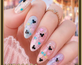 Sweet Mickey – Glitter Top Coat Nail Polish with Pastel Hearts & Holographic Sparkle