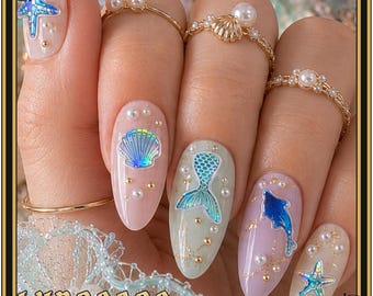 Sparkle Mermaid Nail Decals | Starfish and Dolphin Nail Stickers | Summer Beach Nails