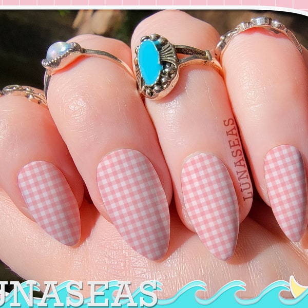 Gingham Nail Wraps Picnic - Pink nail tattoos / Nail decals / nail art / gingham nail decals / Cottagecore / Farmhouse