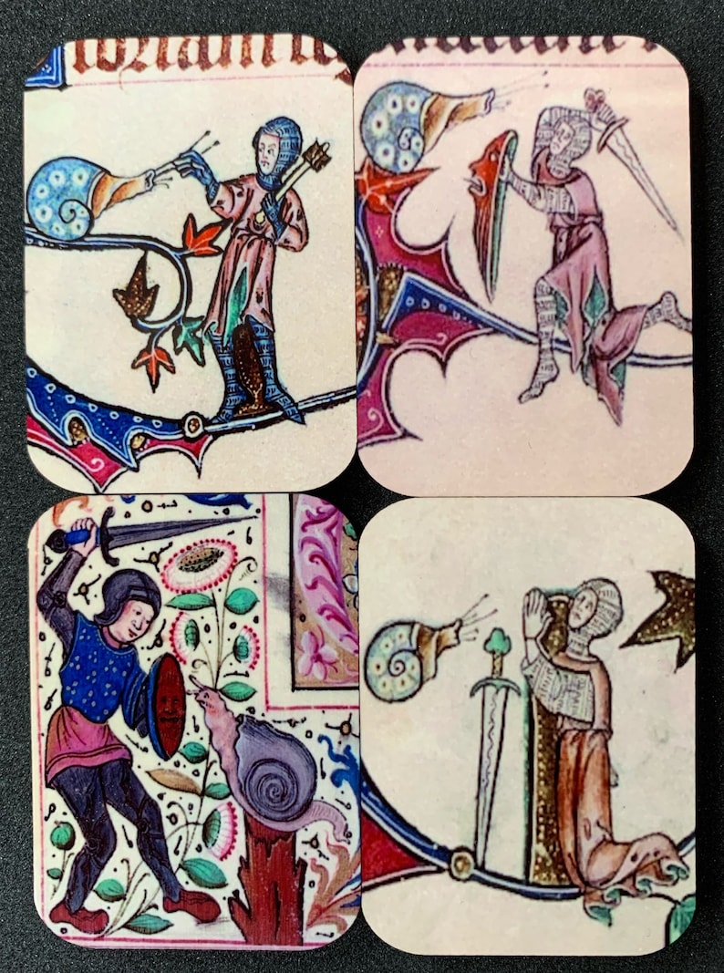 Medieval Knight vs Snail Fridge Magnets - set of 4 set of all 4