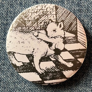 May include: A black and white illustration of a small animal, possibly a squirrel, running on a patterned surface. The animal is depicted in a vintage style.