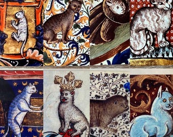 May include: A collage of nine images featuring cats in various poses and settings. The cats are depicted in a medieval style, with intricate details and vibrant colors. Some cats are wearing crowns, while others are lounging or hunting. The images are set against backgrounds of floral patterns, stars, and other decorative elements.