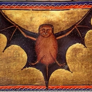 K&ouml;nnte beinhalten: Eine mittelalterliche Illustration einer Fledermaus mit braunem Fell und schwarzen Fl&uuml;geln vor goldenem Hintergrund. Die Fledermaus ist mit ausgebreiteten Fl&uuml;geln und offenen Augen dargestellt. Die Illustration ist in einen roten und blauen Rahmen gefasst.
