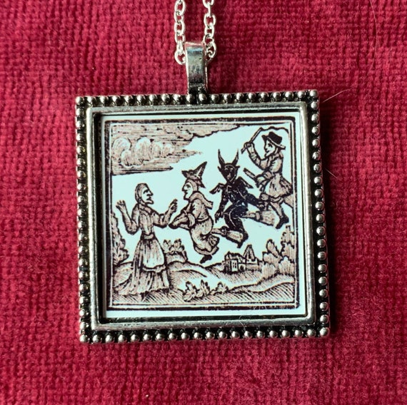 Witches and Devil on Broomstick Pendant 