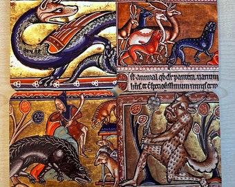 May include: Four square coasters featuring medieval illustrations. The first coaster depicts a blue and purple dragon with gold accents. The second coaster depicts a red, brown, and gold illustration of a deer and other animals. The third coaster depicts a black wolf and a brown bear with a person in the background. The fourth coaster depicts a brown and gold illustration of a creature with a human-like face and a tail.