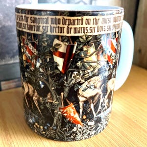 Quest for the Holy Grail Mug - (verdure with deer and shields tapestry by William Morris)