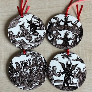 Woodcut Witches Tree Decorations - Double sided