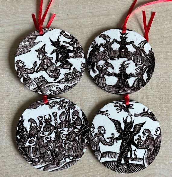 Woodcut Witches Tree Decorations - Double sided