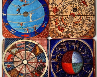 May include: Set of four coasters featuring colourful circular designs with astrological symbols and text. The coasters are made of a durable material and are perfect for protecting surfaces from spills and scratches.