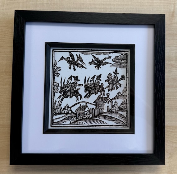 Framed print of Woodcut Witches Riding Goats