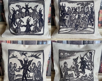 Woodcut Witches Cushion Covers 40cm x 40cm  - choose from 4 designs (covers only)