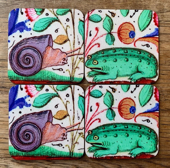 Medieval Angry Snail vs Terrified Toad coasters - set of 4