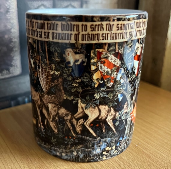 Quest for the Holy Grail Mug - (verdure with deer and shields tapestry by William Morris)