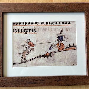 May include: A framed illustration depicting two rabbits engaged in a medieval-style battle. One rabbit is mounted on a snail and wielding a spear, while the other rabbit is on foot and carrying a shield.