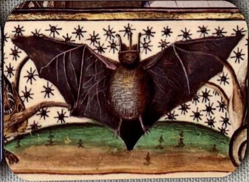 K&ouml;nnte beinhalten: Eine mittelalterliche Illustration einer Fledermaus mit einer Krone auf dem Kopf, die vor einem Hintergrund von Sternen fliegt. Die Fledermaus ist in Braun- und Schwarzt&ouml;nen dargestellt, mit einer detaillierten Fl&uuml;gelspannweite.