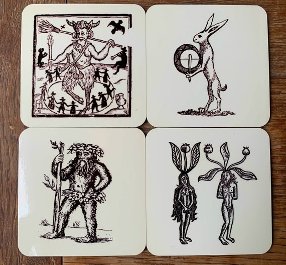 Robin Goodfellow, Hare and Tabor, Mandrakes and Green man coasters - set of 4