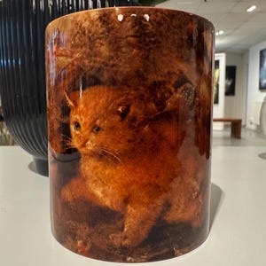 May include: Cylindrical ceramic mug featuring a detailed image of an orange kitten. The mug has a glossy finish and a warm color palette of browns and oranges. The design wraps around the entire mug, showcasing the kitten's face and body.