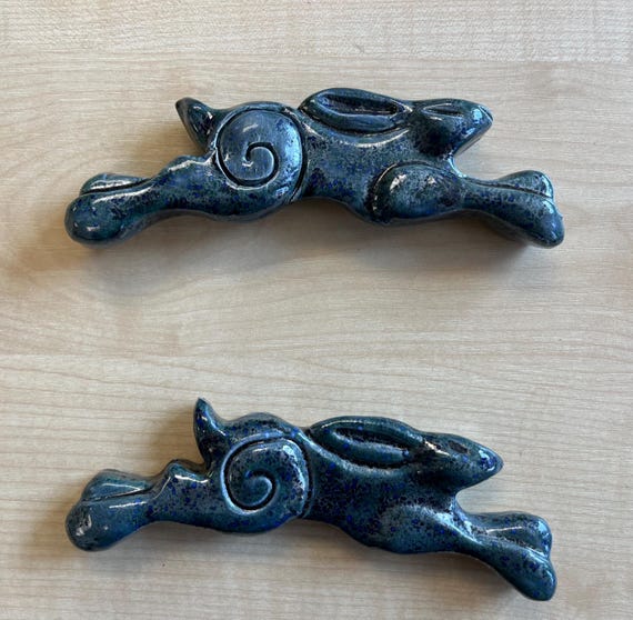Leaping Hare Wall Plaque - blue glaze