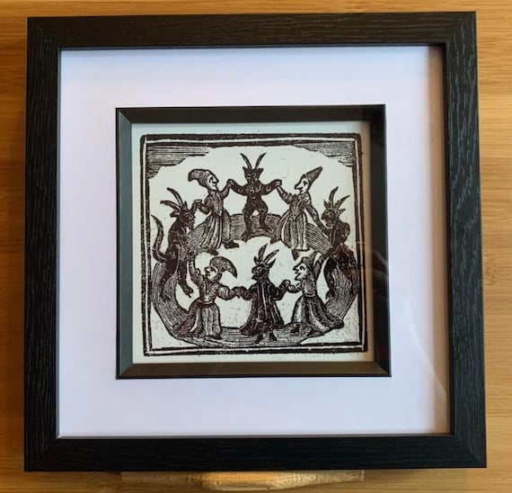 Framed print of Woodcut Witches dancing with Devils