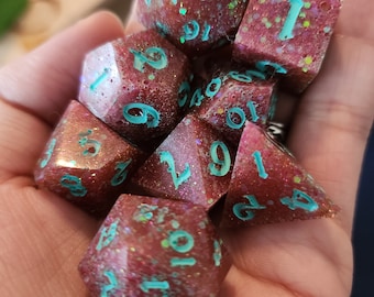Rustic Glitter Red DND Dice with Teal Numbers
