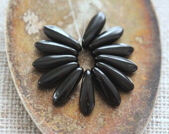 Raven Black Czech Glass Dagger Beads 3x11mm (50)