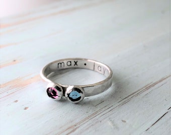 Sterling Silver Double Birthstone Hammered Ring