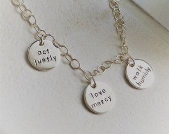 Act Justly - Love Mercy - Walk Humbly Sterling Silver Charm Necklace
