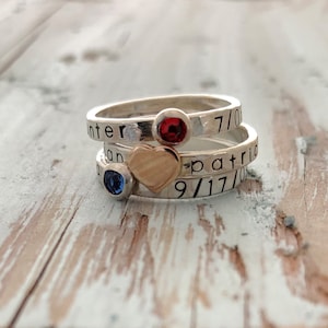 Hammered Name and Birthdate Birthstone Ring