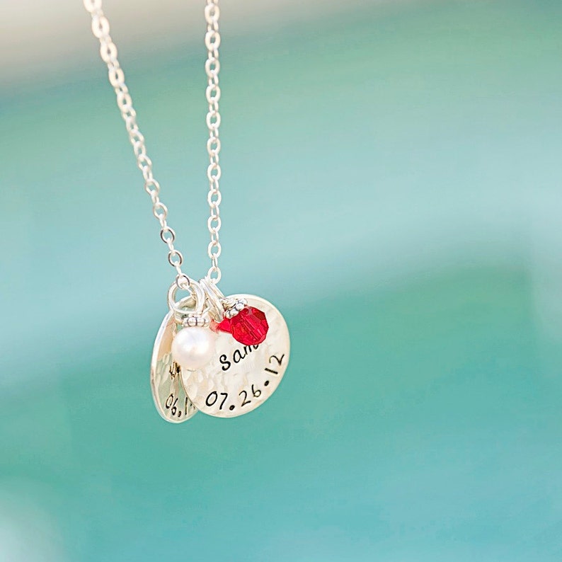 Name & Birthdate Sterling Silver Charm Necklace Etsy