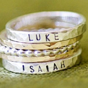 Sterling Silver & Gold Fill Hammered Name Ring Set of 5 Rings - two hammered name bands, two hammered bands, one bead ring