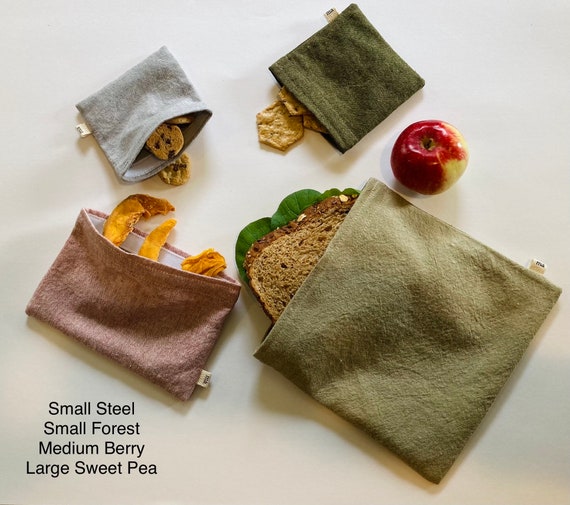 Reusable Sandwich and Snack Bags or Anything/everything Bag Linen/cotton  With Rip Stop Nylon Liner and Velcro Closure 4 Sizes Available 