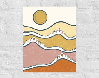 Puede incluir: Impresión de arte abstracto con un paisaje estilizado con líneas onduladas y un sol amarillo. La impresión tiene una paleta de colores cálidos de amarillo, naranja, rosa y marrón.