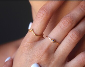 Evil Eye Ring 14k Yellow Gold Sapphire Ring Amulet Stacking Ring Tiny Delicate Ring