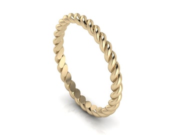 Anillo trenzado de oro, delicado anillo de boda de cuerda, banda apilable de 2 mm, anillo clásico de cuerda de oro.