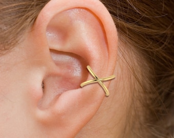 14K Gold Crisscross Ear Cuff Yellow Gold Ear Cuff No Piercing Earring Cartilage Wire Ear Wrap Gold Earring Criss Cross Earring