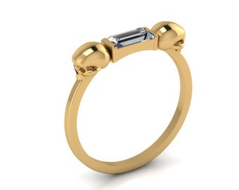 Double Skull Ring Baguette Ring Solid 14K Yellow Gold Goth Ring Delicate Stackable Skull Unique Skull Ring