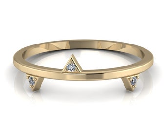 Geometric Gold Band with Pave Diamonds - Modern Minimalist Stacking Ring - Dainty Triangle Accent - Gold Knuckle Ring for Her