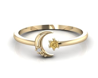 Gold Crescent Moon Ring 14K Diamond Half Moon Ring Gemstone Astrology Ring