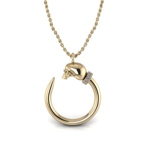 Skull and Crescent Moon Pendant, 14K Gold Mystical Necklace, Diamond-Studded Pendant, Bold Statement Jewelry, Edgy Boho Charm