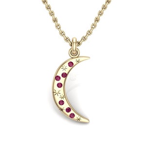 14K Gold Crescent Moon Necklace - Ruby Gemstone Star Pendant - Celestial Charm Jewelry