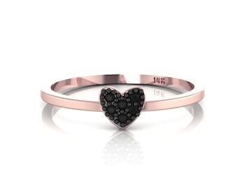 Black Diamonds Heart Ring in 14K solid Rose Gold Tiny Heart Ring Stacking Gold Ring Rose Gold Heart