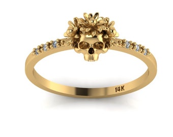 Sugar Skull Ring 14K Yellow Gold Ring Flower Skull Ring Tattoo Ring Diamonds Ring