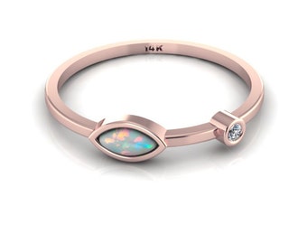 Opal Ring 14k Rose Gold Diamond Ring Birthstone Ring October Ring Tiny Diamond Ring Stacking