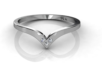 14K White Gold V-Shaped Ring - Diamond Accent Chevron Band - Unique Modern Love Symbol Jewelry