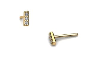 Delicate Diamond Earrings 14K Gold Diamond Bar Earrings White Diamonds Studs For Women Minimalist Earrings
