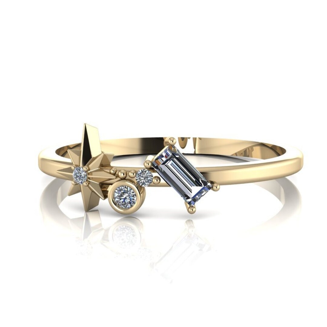 Gold North Star Ring Diamonds 14k Solid Gold Celestial Ring Stackable ...