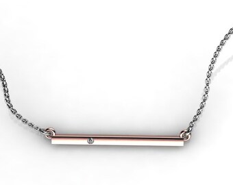 Collar de barra de oro rosa Diamante champán Colgante de barra de oro macizo Colgante de dos tonos de diamante delicado