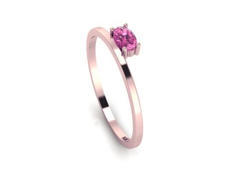 Tiny Tourmaline Ring 14K Rose Gold Stackable Dainty Band Delicate Pink Gem Ring